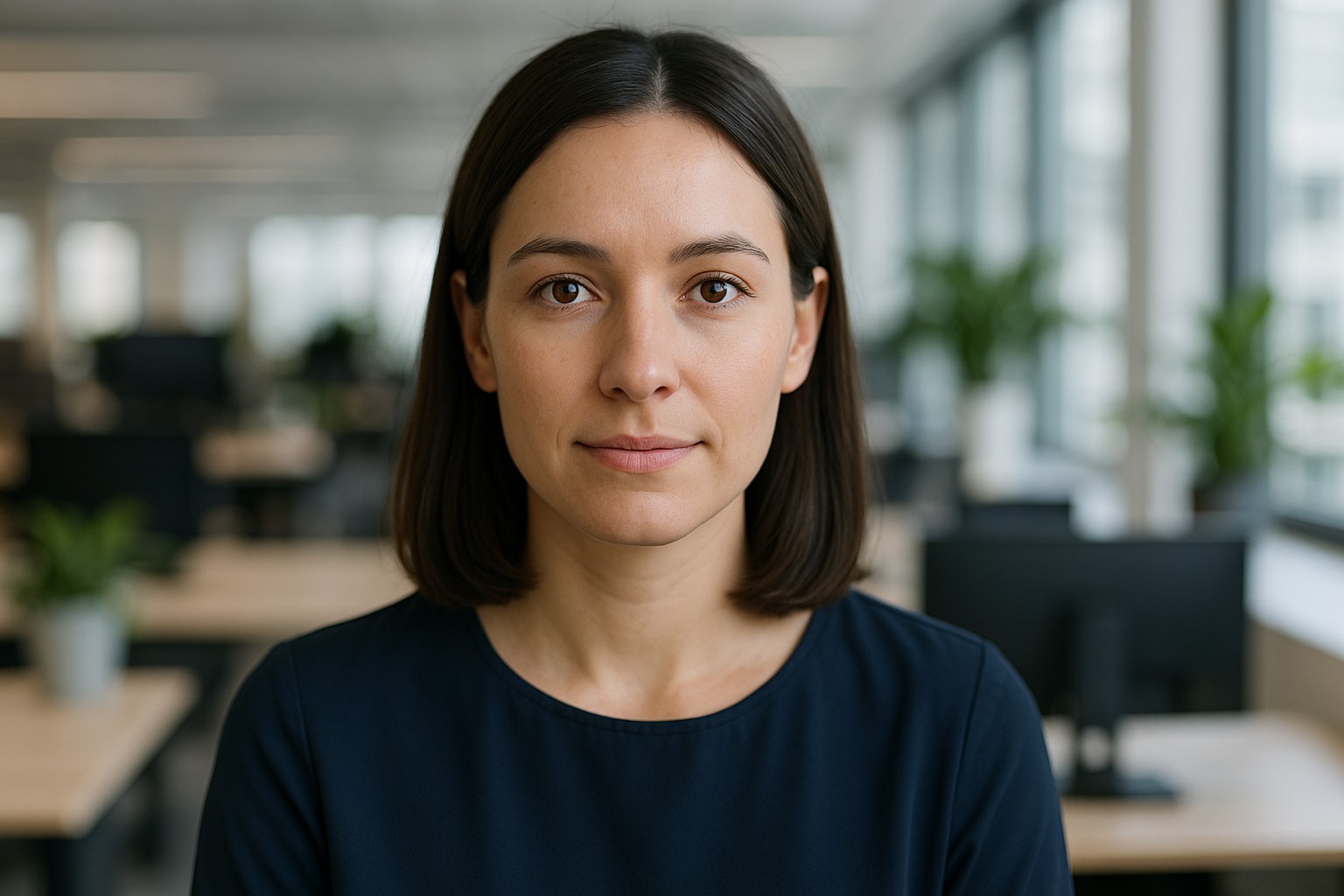 Anna, a woman with shoulder-length dark hair at her desk in a bright office, looking at you